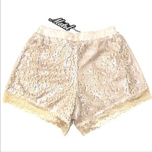 Motel Lola Ivory Sequin Silky Lace Hem Shorts